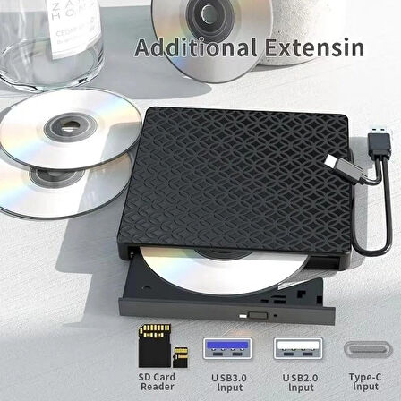 Coverzone 7in1 Harici USB 3.0 ve Type-C DVD-ROM DVD-RW Optik Sürücü, USB ve Type C Kablolu, PC, Tablet, DVD Player, Desenli Tasarım Ultra Slim CD ROM Okuyucu CV440