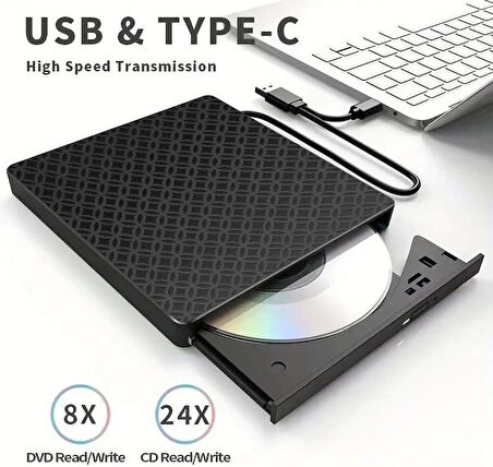 Coverzone 7in1 Harici USB 3.0 ve Type-C DVD-ROM DVD-RW Optik Sürücü, USB ve Type C Kablolu, PC, Tablet, DVD Player, Desenli Tasarım Ultra Slim CD ROM Okuyucu CV440