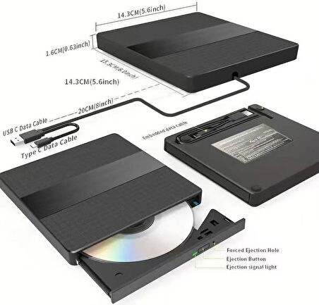 Coverzone Harici USB 3.0 ve Type-C DVD-ROM DVD-RW Optik Sürücü, USB ve Type C Kablolu, PC, Tablet, DVD Player, Çizgili Metal Tasarım Ultra Slim CD ROM Okuyucu X350