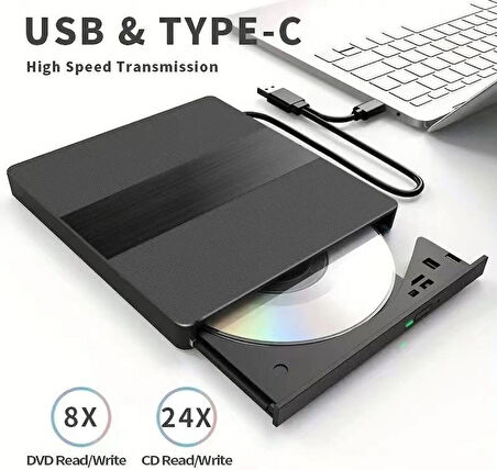 Coverzone Harici USB 3.0 ve Type-C DVD-ROM DVD-RW Optik Sürücü, USB ve Type C Kablolu, PC, Tablet, DVD Player, Çizgili Metal Tasarım Ultra Slim CD ROM Okuyucu X350