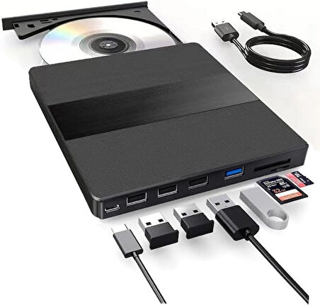 Coverzone 7in1 Harici USB 3.0 ve Type-C DVD-ROM DVD-RW Optik Sürücü, USB ve Type C Kablolu, PC, Tablet, DVD Player, Desenli Tasarım Ultra Slim CD ROM Okuyucu CV540