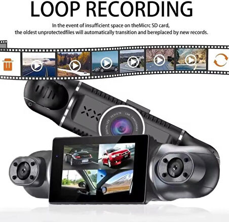 Coverzone HD Araç kamerası 3.0inç IPS Ekran, Geniş Görüş Açısı Ön Arka ve Araç içi 4 Kamera Kanal Desteği, FHD 1920 * 1080P 30fps, TF Kart Desteği Dash Cam (S8)