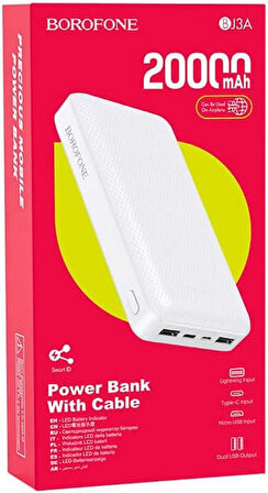 Coverzone Borofone 20000mAh 74Wh, Dual USB Output, USB-C Input ve Micro USB Input Güç Bankası Powerbank iPhone ile Uyumlu Şarj Seviyesi Led Göstergeli Kompakt ve Modern Tasarım BJ3A