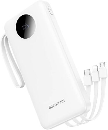 Coverzone Borofone 10000mAh, USB A USB C Micro USB ve Lighting Dahili Kablolu Güç Bankası Powerbank iPhone ile Uyumlu Şarj Seviyesi Led Göstergeli Kompakt ve Modern Tasarım BJ53