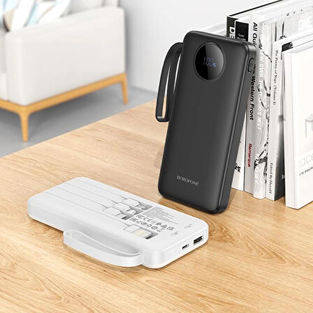 Coverzone Borofone 10000mAh, USB A USB C Micro USB ve Lighting Dahili Kablolu Güç Bankası Powerbank iPhone ile Uyumlu Şarj Seviyesi Led Göstergeli Kompakt ve Modern Tasarım BJ53