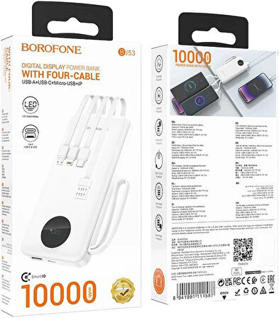 Coverzone Borofone 10000mAh, USB A USB C Micro USB ve Lighting Dahili Kablolu Güç Bankası Powerbank iPhone ile Uyumlu Şarj Seviyesi Led Göstergeli Kompakt ve Modern Tasarım BJ53