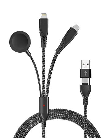 Coverzone 5in1 Şarj Kablo, 100W + 27WPD USB to Type-C Kablo, 120 cm Uzunluk, USB to Type C/Lightning/iWatch ile Uyumlu Saat Şarj Kablosu ZR792