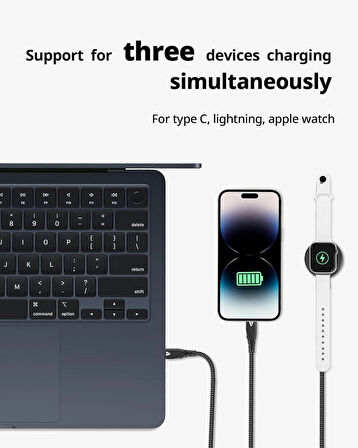 Coverzone 5in1 Şarj Kablo, 100W + 27WPD USB to Type-C Kablo, 120 cm Uzunluk, USB to Type C/Lightning/iWatch ile Uyumlu Saat Şarj Kablosu ZR792