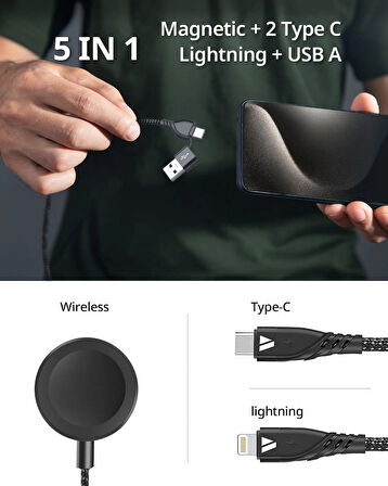 Coverzone 5in1 Şarj Kablo, 100W + 27WPD USB to Type-C Kablo, 120 cm Uzunluk, USB to Type C/Lightning/iWatch ile Uyumlu Saat Şarj Kablosu ZR792