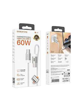 Borofone iPhone ile Uyumlu 60W Şarj ve Data Kablo Type-C To Type-C - 1 .2 Metre - BU48 D Beyaz
