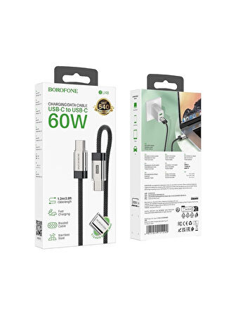Borofone iPhone ile Uyumlu 60W Şarj ve Data Kablo Type-C To Type-C - 1 .2 Metre - BU48 D Siyah