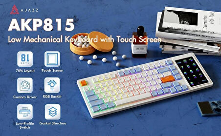 Coverzone AJAZZ AKP815 %75 Low Profile Mekanik Klavye, 4.33'' LED Dokunmatik Ekranlı, Programlanabilir RGB Gasket Kablolu Klavye, 16 Tuşlu Özel Masa Kontrolcüsü (Beyaz Mavi - Brown Switch)