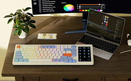Coverzone AJAZZ AKP815 %75 Low Profile Mekanik Klavye, 4.33'' LED Dokunmatik Ekranlı, Programlanabilir RGB Gasket Kablolu Klavye, 16 Tuşlu Özel Masa Kontrolcüsü (Beyaz Mavi - Brown Switch)