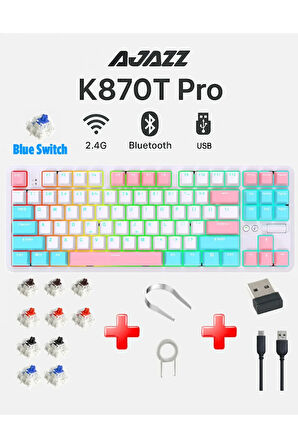 Ajazz K870T Pro Kablosuz Hot Swap Mekanik Oyun Klavyesi-RGB Beyaz - Blue Switch