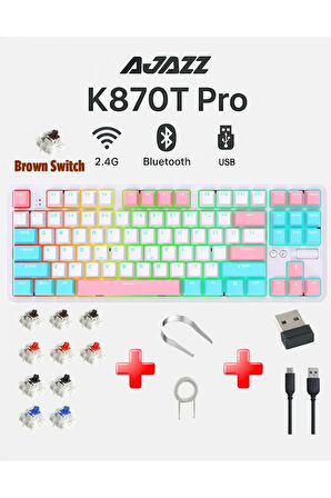 Ajazz K870T Pro Kablosuz Hot Swap Mekanik Oyun Klavyesi-RGB Beyaz - Brown Switch