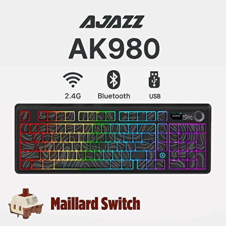 Ajazz AK980 Kablosuz Hot-Swap TFT Ekranlı Mekanik Oyun Klavyesi 8.000 Mah Batarya Siyah - Maillard Switch