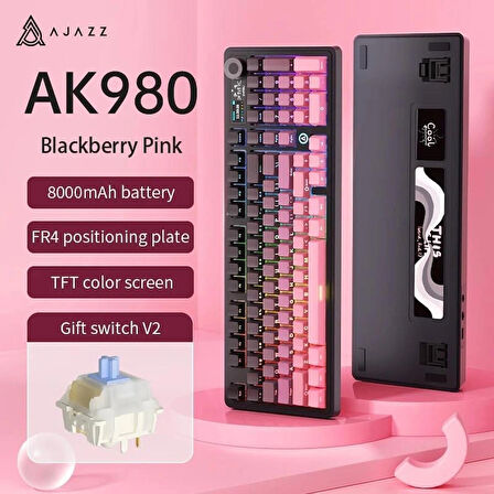 Ajazz AK980 Kablosuz Hot-Swap TFT Ekranlı Mekanik Oyun Klavyesi 8.000 Mah Batarya Pembe - Gift Switch