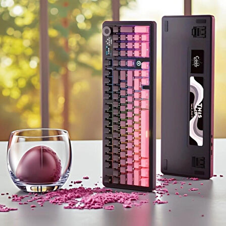 Ajazz AK980 Kablosuz Hot-Swap TFT Ekranlı Mekanik Oyun Klavyesi 8.000 Mah Batarya Pembe - Gift Switch