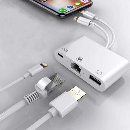 Coverzone 3 in1 şarj adaptörü Lightning Type-C Girişini Kamera Fotoğraf Makinesi Lan Ethernet Girişine Çevirici Dönüştürücü Tip-C RJ45 girişli İphone ile Uyumlu ZR814