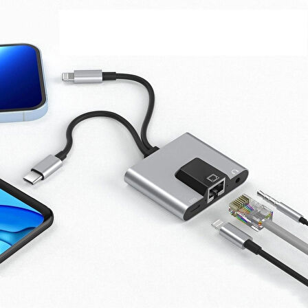 Coverzone 3 in 1 arada iphone ile Uyumlu Lightning/Type-C - Ethernet Adaptörü - Telefon/Tablet Ethernet LAN Ağ Adaptörü,RJ45 Adaptörü Tak ve Çalıştır Zr815