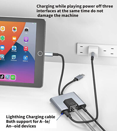 Coverzone 3 in 1 arada iphone ile Uyumlu Lightning/Type-C - Ethernet Adaptörü - Telefon/Tablet Ethernet LAN Ağ Adaptörü,RJ45 Adaptörü Tak ve Çalıştır Zr815