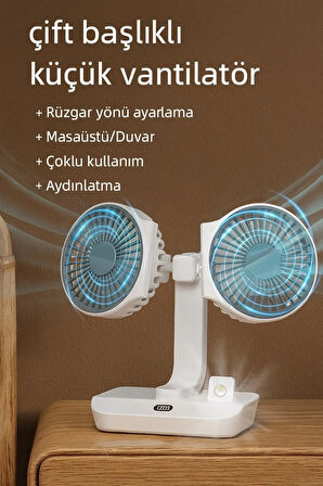 Çift Başlı Taşınabilir USB Şarjlı Fan, LED Gece Lambası ve 270° Dönebilir Baş, Ev, Ofis, Kamp CZ-01X