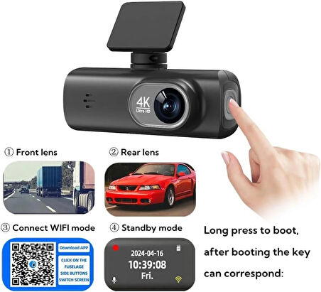 Coverzone HD Araç kamerası Çift Yönlü Dash Cam - 4K UHD Ön ve 1080P FHD Arka Kameralı, WiFi ve Telefon Uygulaması ile Kontrol, 64GB SD Kart Desteği (Dahil değildir), Park Modu, Döngüsel Kayıt V22