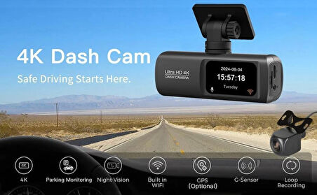 Coverzone HD Araç kamerası Çift Yönlü Dash Cam - 4K UHD Ön ve 1080P FHD Arka Kameralı, WiFi ve Telefon Uygulaması ile Kontrol, 64GB SD Kart Desteği (Dahil değildir), Park Modu, Döngüsel Kayıt V22