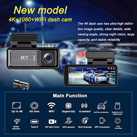 Coverzone MINI Çift Lensli WiFi GPS Dash Kamera - 4K Ön Kamera & 1080P Arka Kamera, Gece Görüşü, Park Modu, Geniş Açılı Lens, Döngüsel Kayıt, 128GB SD Kart Desteği (Dahil değildir) M6