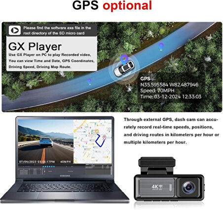Coverzone MINI Çift Lensli WiFi GPS Dash Kamera - 4K Ön Kamera & 1080P Arka Kamera, Gece Görüşü, Park Modu, Geniş Açılı Lens, Döngüsel Kayıt, 128GB SD Kart Desteği (Dahil değildir) M6