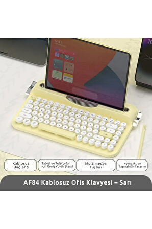 Retro Daktilo Klavye Bluetooth & 2.4G, Standlı, Yuvarlak Tuşlu, Ergonomik, Sessiz AJAZZ AF84