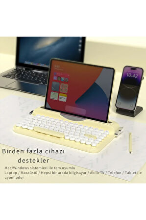 Retro Daktilo Klavye Bluetooth & 2.4G, Standlı, Yuvarlak Tuşlu, Ergonomik, Sessiz AJAZZ AF84