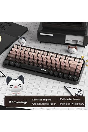 Kablosuz Klavye - Bluetooth, Retro, Yuvarlak Tuşlu, Kedi Süs Aksesuarı, Sessiz AJAZZ AJ308i