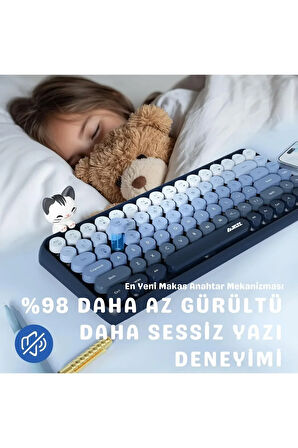 Kablosuz Klavye - Bluetooth, Retro, Yuvarlak Tuşlu, Kedi Süs Aksesuarı, Sessiz AJAZZ AJ308i