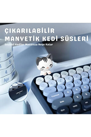 Kablosuz Klavye - Bluetooth, Retro, Yuvarlak Tuşlu, Kedi Süs Aksesuarı, Sessiz AJAZZ AJ308i