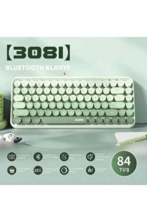 Kablosuz Klavye - Bluetooth, Retro, Yuvarlak Tuşlu, Kedi Süs Aksesuarı, Sessiz AJAZZ AJ308i