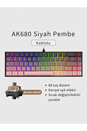 65% Kablolu Hotswap Mekanik Oyun Klavyesi,68 Tuşlu Anti-Ghosting AJAZZ AK680 Pembe | Brown Switch