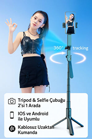 Tripod & Selfie Çubuğu - Bluetooth, 180cm Teleskopik, Katlanır, 360 Derece Dönebilen P185