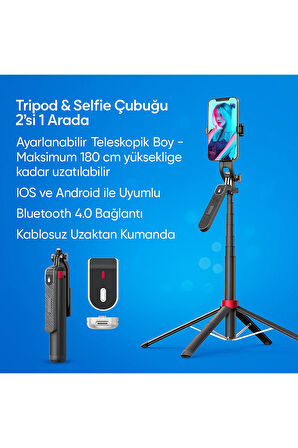 Tripod & Selfie Çubuğu - Bluetooth, 180cm Teleskopik, Katlanır, 360 Derece Dönebilen P185