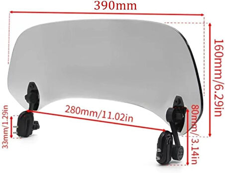 Coverzone 39 cm Deflektör Ön Cam - Ayarlanabilir Klipsli, Gri Rüzgar Saptırıcı, Motosiklet & Scooter