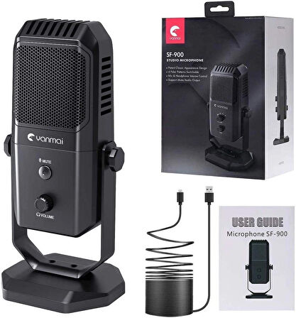 Coverzone USB Mikrofon Kondansatör, 4 Yönlü, 20Hz-20KHz, Sessize Alma Tuşlu, Ses Ayarlı, 15mm Stand - SF-900