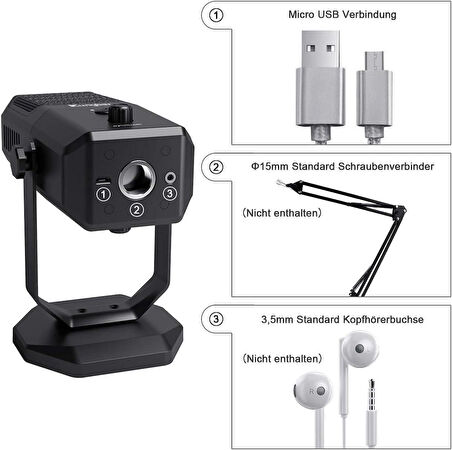 Coverzone USB Mikrofon Kondansatör, 4 Yönlü, 20Hz-20KHz, Sessize Alma Tuşlu, Ses Ayarlı, 15mm Stand - SF-900