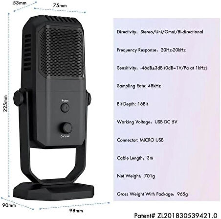 Coverzone USB Mikrofon Kondansatör, 4 Yönlü, 20Hz-20KHz, Sessize Alma Tuşlu, Ses Ayarlı, 15mm Stand - SF-900