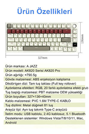 Ajazz Ak820 Pro Mekanik Rgb Oyun Klavyesi,3 Modlu Tft Renkli Ekran Cnc Düğmeli 81 Tuş Krem Kırmızı