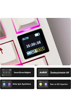 Ajazz Ak820 Pro Mekanik Rgb Oyun Klavyesi,3 Modlu Tft Renkli Ekran Cnc Düğmeli 81 Tuş Krem Kırmızı