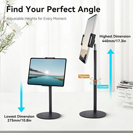 Coverzone Tablet Standı - 360° Döner, 90° Ayarlı, 44cm Yükseklik, Alüminyum Alaşım, 12 inç’e Kadar J2