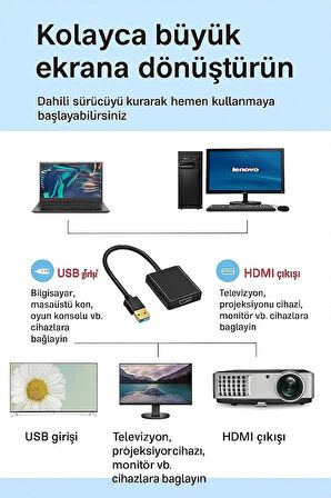 Coverzone USB 3.0 - HDMI Dönüştürücü 1080P Full HD, 5Gbps Hızlı Aktarım, Windows & Mac Uyumlu HD08