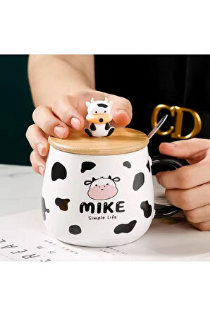 İnek Tasarımlı Kapaklı Kaşıklı Seramik Dekoratif Hediyelik Kupa Mug