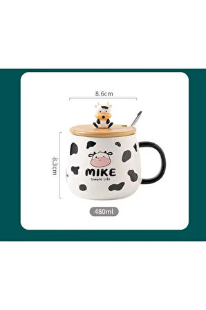 İnek Tasarımlı Kapaklı Kaşıklı Seramik Dekoratif Hediyelik Kupa Mug