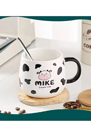 İnek Tasarımlı Kapaklı Kaşıklı Seramik Dekoratif Hediyelik Kupa Mug